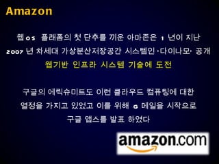Amazon 웹 OS  플래폼의 첫 단추를 끼운 아마존은  1 년이 지난 2007 년 차세대 가상분산저장공간 시스템인 ‘다이나모’ 공개 웹기반 인프라 시스템 기술에 도전 구글의 에릭슈미트도 이런 클라우드 컴퓨팅에 대한 열정을 가지고 있었고 이를 위해  G 메일을 시작으로 구글 앱스를 발표 하였다 
