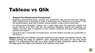 4. Support For Infrastructure Components:
 Regarding administrative tasks, security, and architecture, Qlik has the lead over Tableau.
Qlik’s infrastructure is designed to scale in enterprises more efficiently by providing IT with
the needed support, tools and if needed, partner support, to get up and running fast.
 On infrastructure integration, Tableau has a slight edge given the popularity, stability and
overall maturity of its APIs. Qlik also has extensive integration options and expertise, yet
Tableau has been able to capitalize on their market momentum and gain more integration
partners and support.
 Cloud BI is also a component of infrastructure, and both Tableau and Qlik are comparable on
this feature.
Bottom line: Qlik and Tableau are well-matched on all aspects of analytics and BI, with
Tableau having the edge on platform work integration and ease of use and visual
appeal. For enterprises that rely on a wide variety of data integration points, Qlik has
the edge given the depth and breadth of its options in this area.
 