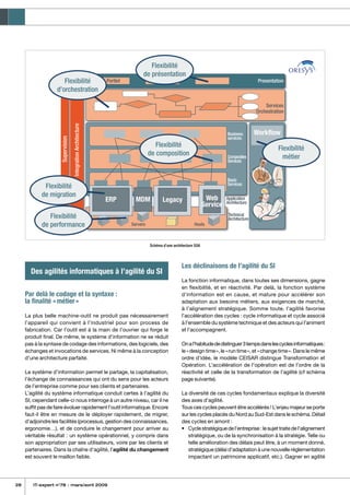 28 IT-expert n°78 - mars/avril 2009
Des agilités informatiques à l’agilité du SI
Par delà le codage et la syntaxe :
la finalité « métier »
La plus belle machine-outil ne produit pas nécessairement
l’appareil qui convient à l’industriel pour son process de
fabrication. Car l’outil est à la main de l’ouvrier qui forge le
produit final. De même, le système d’information ne se réduit
pas à la syntaxe de codage des informations, des logiciels, des
échanges et invocations de services. Ni même à la conception
d’une architecture parfaite.
Le système d’information permet le partage, la capitalisation,
l’échange de connaissances qui ont du sens pour les acteurs
de l’entreprise comme pour ses clients et partenaires.
L’agilité du système informatique conduit certes à l’agilité du
SI, cependant celle-ci nous interroge à un autre niveau, car il ne
suffit pas de faire évoluer rapidement l’outil informatique. Encore
faut-il être en mesure de le déployer rapidement, de migrer,
d’adjoindre les facilités (processus, gestion des connaissances,
ergonomie…), et de conduire le changement pour arriver au
véritable résultat : un système opérationnel, y compris dans
son appropriation par ses utilisateurs, voire par les clients et
partenaires. Dans la chaîne d’agilité, l’agilité du changement
est souvent le maillon faible.
Les déclinaisons de l’agilité du SI
La fonction informatique, dans toutes ses dimensions, gagne
en flexibilité, et en réactivité. Par delà, la fonction système
d’information est en cause, et mature pour accélérer son
adaptation aux besoins métiers, aux exigences de marché,
à l’alignement stratégique. Somme toute, l’agilité favorise
l’accélération des cycles : cycle informatique et cycle associé
à l’ensemble du système technique et des acteurs qui l’animent
et l’accompagnent.
Onal’habitudededistinguer3tempsdanslescyclesinformatiques :
le « design time », le « run time », et « change time ». Dans le même
ordre d’idée, le modèle CEISAR distingue Transformation et
Opération. L’accélération de l’opération est de l’ordre de la
réactivité et celle de la transformation de l’agilité (cf schéma
page suivante).
La diversité de ces cycles fondamentaux explique la diversité
des axes d’agilité.
Tous ces cycles peuvent être accélérés ! L’enjeu majeur se porte
sur les cycles placés du Nord au Sud-Est dans le schéma. Détail
des cycles en amont :
•	 Cyclestratégique del’entreprise :lesujettraitedel’alignement
stratégique, ou de la synchronisation à la stratégie. Telle ou
telle amélioration des délais peut être, à un moment donné,
stratégique (délai d’adaptation à une nouvelle réglementation
impactant un patrimoine applicatif, etc.). Gagner en agilité
ERP MDM Legacy Web
Service
Servers
Supervision
IntegrationArchitecture
Hosts
Business
services
PresentationPortlet
Services
Orchestration
Composites
Services
Basic
Services
Application
Architecture
Workflow
Technical
Architecture
Flexibilité
d’orchestration
Flexibilité
de présentation
Flexibilité
de composition
Flexibilité
de migration
Flexibilité
de performance
Flexibilité
métier
Schéma d’une architecture SOA
 