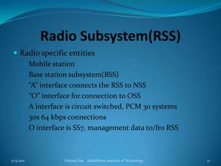 Radio Subsystem(RSS)Radio specific entitiesMobile stationBase station subsystem(BSS)“A” interface connects the RSS to NSS“O” interface for connection to OSSA interface is circuit switched, PCM 30 systems30x 64 kbps connectionsO interface is SS7, management data to/fro RSS3/13/2011Debasis Das    Mallabhum Institute of Technology12