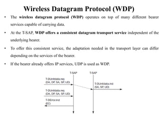 Wireless Datagram Protocol (WDP)
• The wireless datagram protocol (WDP) operates on top of many different bearer
services capable of carrying data.
• At the T-SAP, WDP offers a consistent datagram transport service independent of the
underlying bearer.
• To offer this consistent service, the adaptation needed in the transport layer can differ
depending on the services of the bearer.
• If the bearer already offers IP services, UDP is used as WDP.
 