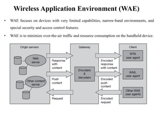 Wireless Application Environment (WAE)
• WAE focuses on devices with very limited capabilities, narrow-band environments, and
special security and access control features.
• WAE is to minimize over-the-air traffic and resource consumption on the handheld device.
 