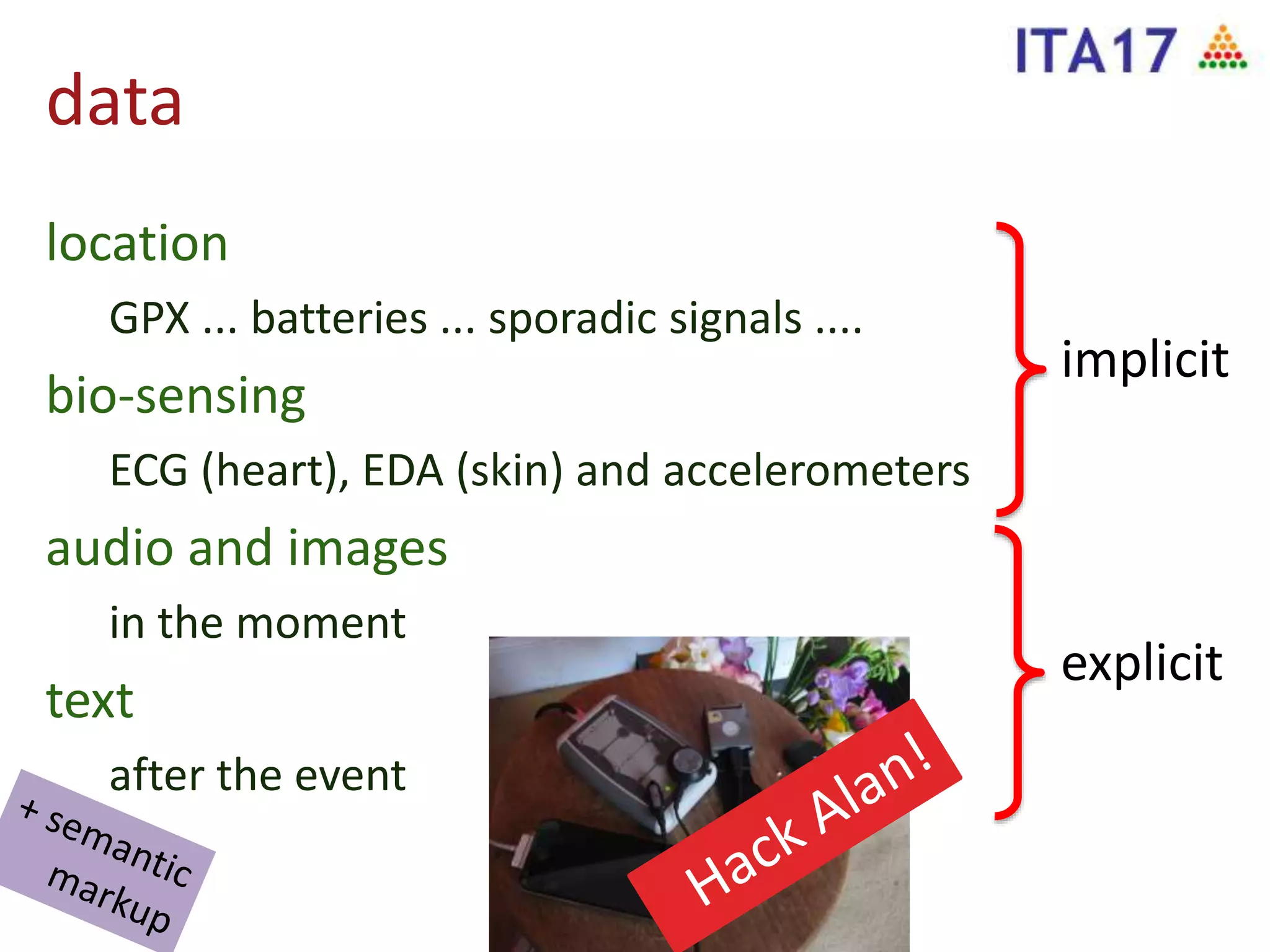data
location
GPX ... batteries ... sporadic signals ....
bio-sensing
ECG (heart), EDA (skin) and accelerometers
audio and images
in the moment
text
after the event
implicit
explicit
 