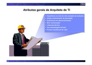 Atributos gerais de Arquiteto de TI
                      Experiência no ciclo de vida completo de soluções
                      Amplo conhecimento de tecnologia
                      Experiência em desenvolvimento
                      Bom comunicador
                      Liderança técnica
                      Usa metodologias formais
                      Produz arquiteturas de valor




27
 