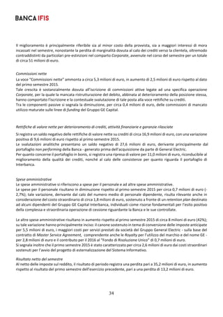 34	
	
Il miglioramento è principalmente riferibile sia al minor costo della provvista, sia a maggiori interessi di mora 
incassati nel semestre, nonostante la perdita di marginalità dovuta al calo dei crediti verso la clientela, oltremodo 
contraddistinti da particolari pre‐estinzioni nel comparto Corporate, avvenute nel corso del semestre per un totale 
di circa 51 milioni di euro. 
 
Commissioni nette 
La voce “Commissioni nette” ammonta a circa 5,3 milioni di euro, in aumento di 2,5 milioni di euro rispetto al dato 
del primo semestre 2015.  
Tale  crescita  è  sostanzialmente  dovuta  all’iscrizione  di  commissioni  attive  legate  ad  una  specifica  operazione 
Corporate, per la quale la mancata ristrutturazione del debito, abbinata al deterioramento della posizione stessa, 
hanno comportato l’iscrizione e la contestuale svalutazione di tale posta alla voce rettifiche su crediti. 
Tra le componenti passive si segnala la diminuzione, per circa 0,4 milioni di euro, delle commissioni di mancato 
utilizzo maturate sulle linee di funding del Gruppo GE Capital.   
 
Rettifiche di valore nette per deterioramento di crediti, attività finanziarie e garanzie rilasciate 
Si registra un saldo negativo delle rettifiche di valore nette su crediti di circa 16,9 milioni di euro, con una variazione 
positiva di 9,6 milioni di euro rispetto al primo semestre 2015.  
Le  svalutazioni  analitiche  presentano  un  saldo  negativo  di  27,6  milioni  di  euro,  derivante  principalmente  dal 
portafoglio non performing della Banca ‐ generato prima dell’acquisizione da parte di General Electric. 
Per quanto concerne il portafoglio in bonis, si registra una ripresa di valore per 11,0 milioni di euro, riconducibile al 
miglioramento  della  qualità  dei  crediti,  nonché  al  calo  delle  consistenze  per  quanto  riguarda  il  portafoglio  di 
Interbanca. 
 
Spese amministrative 
Le spese amministrative si riferiscono a spese per il personale e ad altre spese amministrative. 
Le spese per il personale risultano in diminuzione rispetto al primo semestre 2015 per circa 0,7 milioni di euro (‐
2,7%); tale variazione, derivante dal calo del numero medio di personale dipendente, risulta rilevante anche in 
considerazione del costo straordinario di circa 1,8 milioni di euro, sostenuto a fronte di un retention plan destinato 
ad alcuni dipendenti del Gruppo GE Capital Interbanca, individuati come risorse fondamentali per l’esito positivo 
della complessa e straordinaria operazione di cessione riguardante la Banca e le sue controllate. 
 
Le altre spese amministrative risultano in aumento rispetto al primo semestre 2015 di circa 8 milioni di euro (42%); 
su tale variazione hanno principalmente inciso: il canone sostenuto in tema di conversione delle imposte anticipate 
per 5,5 milioni di euro, i maggiori costi per servizi prestati da società del Gruppo General Electric ‐ sulla base del 
contratto di Master Service Agreement,  comprendente anche le Royalty per l’utilizzo del marchio e del nome GE ‐ 
per 2,8 milioni di euro e il contributo per il 2016 al “Fondo di Risoluzione Unico” di 0,7 milioni di euro. 
Si segnala inoltre che il primo semestre 2015 è stato caratterizzato per circa 2,6 milioni di euro dai costi straordinari 
sostenuti per l’avvio del progetto di esternalizzazione del Sistema Informativo.  
Risultato netto del semestre 
Al netto delle imposte sul reddito, il risultato di periodo registra una perdita pari a 35,2 milioni di euro, in aumento 
rispetto al risultato del primo semestre dell’esercizio precedente, pari a una perdita di 13,2 milioni di euro.
 