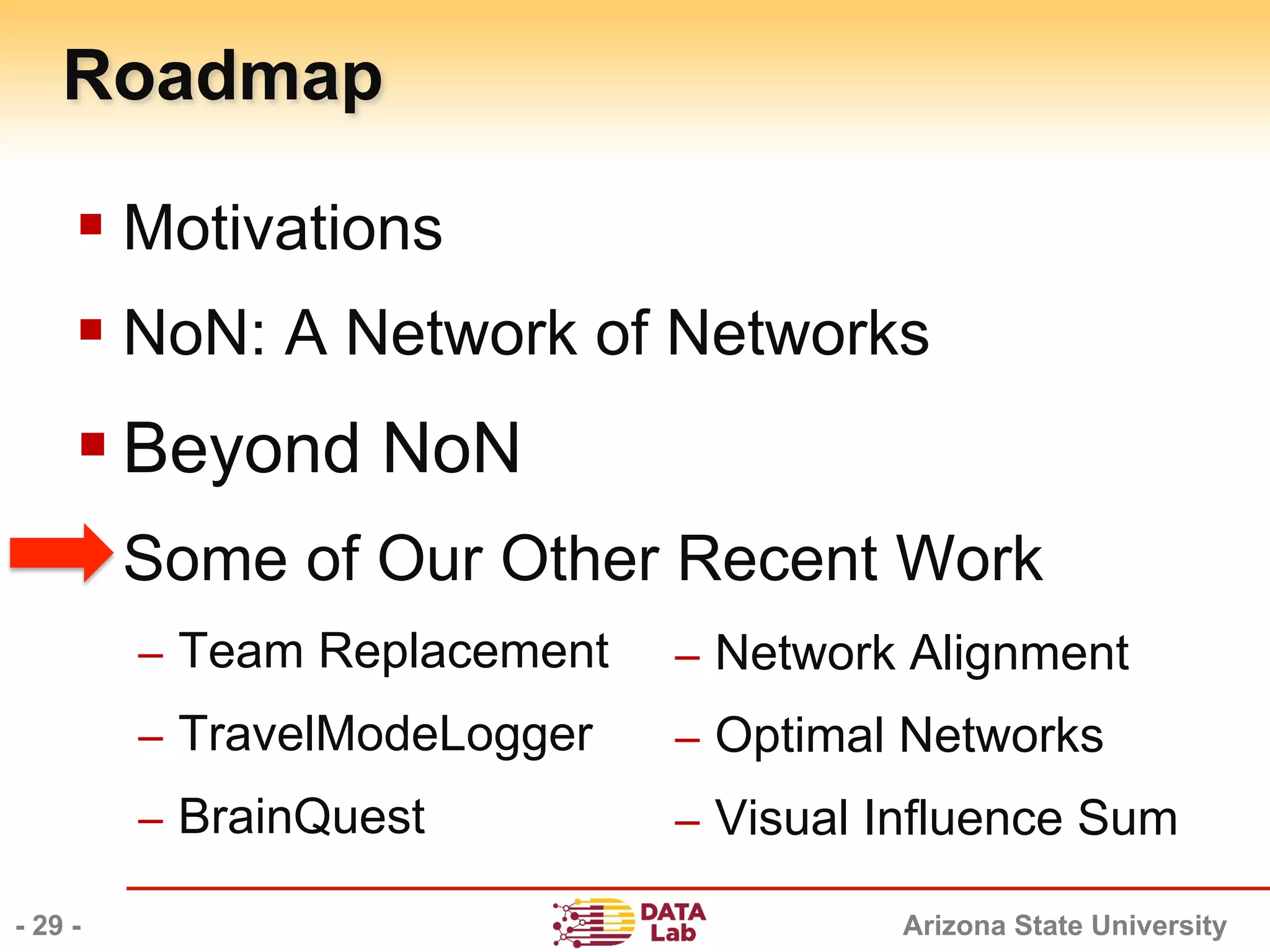 Arizona State University
Roadmap
§ Motivations
§ NoN: A Network of Networks
§ Beyond NoN
§ Some of Our Other Recent Work
–  Team Replacement
–  TravelModeLogger
–  BrainQuest
- 29 -
–  Network Alignment
–  Optimal Networks
–  Visual Influence Sum
 