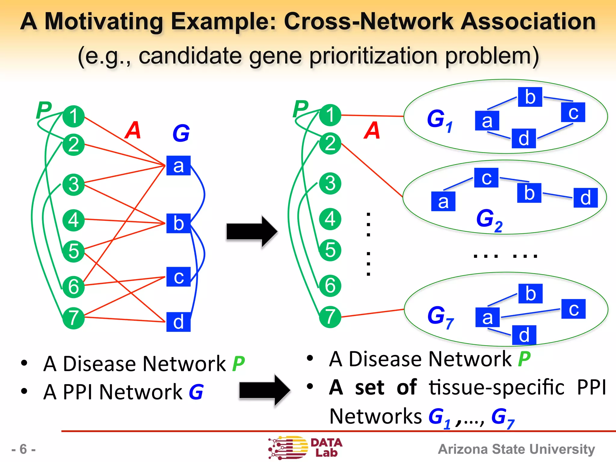 Arizona State University
A Motivating Example: Cross-Network Association
(e.g., candidate gene prioritization problem)
- 6 -
•  A	Disease	Network	P			
•  A	PPI	Network	G	
a
b
c
d
GA
4
5
3
6
7
2
1P
•  A	Disease	Network	P			
•  A	 set	 of	 :ssue-speciﬁc	 PPI	
Networks	G1	,…,	G7	
4
5
3
6
7
2
1P
A G1 a
b
d
c
G2
a
c
db
G7 a
b
d
c
… …
……
 