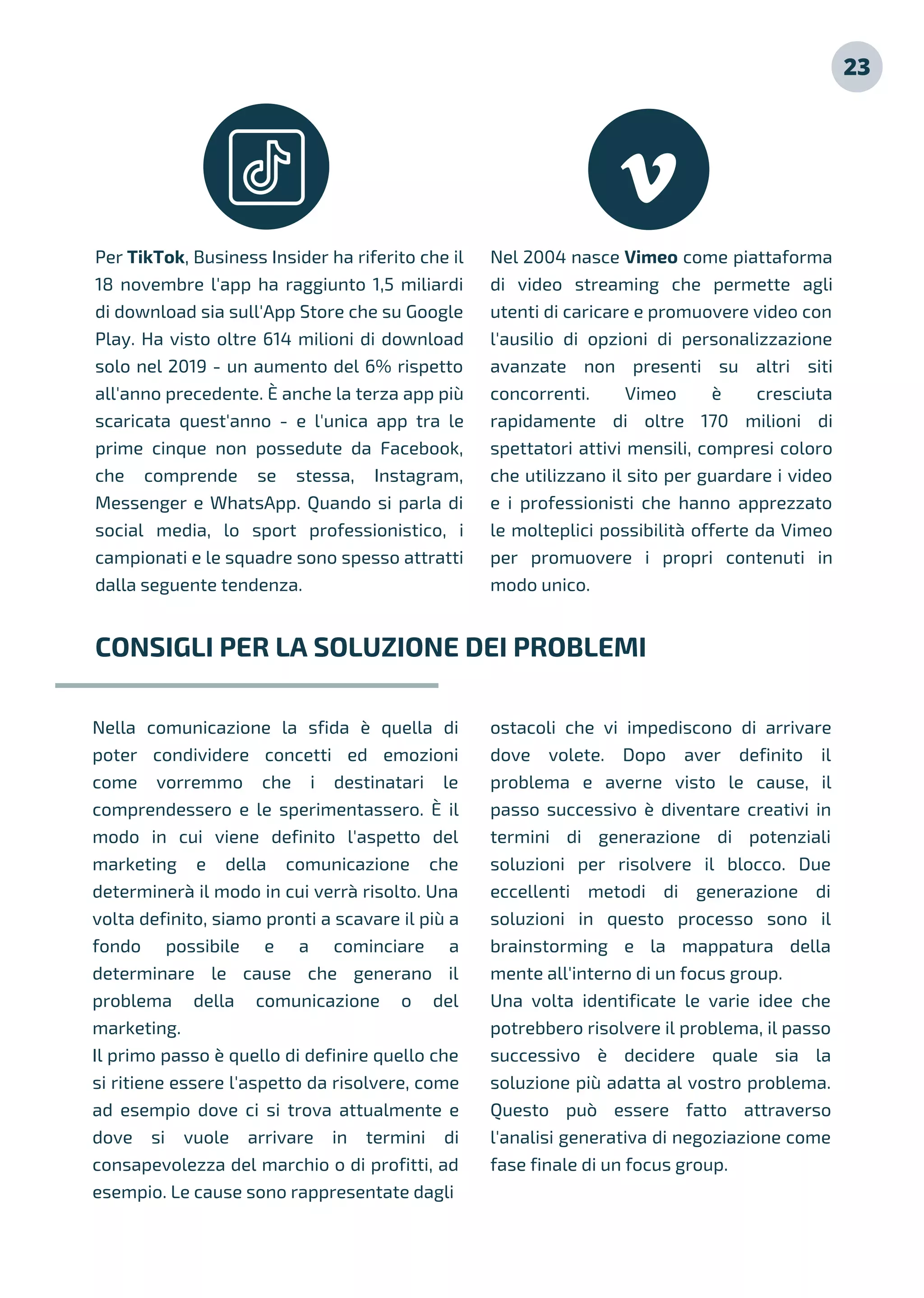 Per TikTok, Business Insider ha riferito che il
18 novembre l'app ha raggiunto 1,5 miliardi
di download sia sull'App Store che su Google
Play. Ha visto oltre 614 milioni di download
solo nel 2019 - un aumento del 6% rispetto
all'anno precedente. È anche la terza app più
scaricata quest'anno - e l'unica app tra le
prime cinque non possedute da Facebook,
che comprende se stessa, Instagram,
Messenger e WhatsApp. Quando si parla di
social media, lo sport professionistico, i
campionati e le squadre sono spesso attratti
dalla seguente tendenza.
Nel 2004 nasce Vimeo come piattaforma
di video streaming che permette agli
utenti di caricare e promuovere video con
l'ausilio di opzioni di personalizzazione
avanzate non presenti su altri siti
concorrenti. Vimeo è cresciuta
rapidamente di oltre 170 milioni di
spettatori attivi mensili, compresi coloro
che utilizzano il sito per guardare i video
e i professionisti che hanno apprezzato
le molteplici possibilità offerte da Vimeo
per promuovere i propri contenuti in
modo unico.
Nella comunicazione la sfida è quella di
poter condividere concetti ed emozioni
come vorremmo che i destinatari le
comprendessero e le sperimentassero. È il
modo in cui viene definito l'aspetto del
marketing e della comunicazione che
determinerà il modo in cui verrà risolto. Una
volta definito, siamo pronti a scavare il più a
fondo possibile e a cominciare a
determinare le cause che generano il
problema della comunicazione o del
marketing.
Il primo passo è quello di definire quello che
si ritiene essere l'aspetto da risolvere, come
ad esempio dove ci si trova attualmente e
dove si vuole arrivare in termini di
consapevolezza del marchio o di profitti, ad
esempio. Le cause sono rappresentate dagli
ostacoli che vi impediscono di arrivare
dove volete. Dopo aver definito il
problema e averne visto le cause, il
passo successivo è diventare creativi in
termini di generazione di potenziali
soluzioni per risolvere il blocco. Due
eccellenti metodi di generazione di
soluzioni in questo processo sono il
brainstorming e la mappatura della
mente all'interno di un focus group.
Una volta identificate le varie idee che
potrebbero risolvere il problema, il passo
successivo è decidere quale sia la
soluzione più adatta al vostro problema.
Questo può essere fatto attraverso
l'analisi generativa di negoziazione come
fase finale di un focus group.
CONSIGLI PER LA SOLUZIONE DEI PROBLEMI
23
 