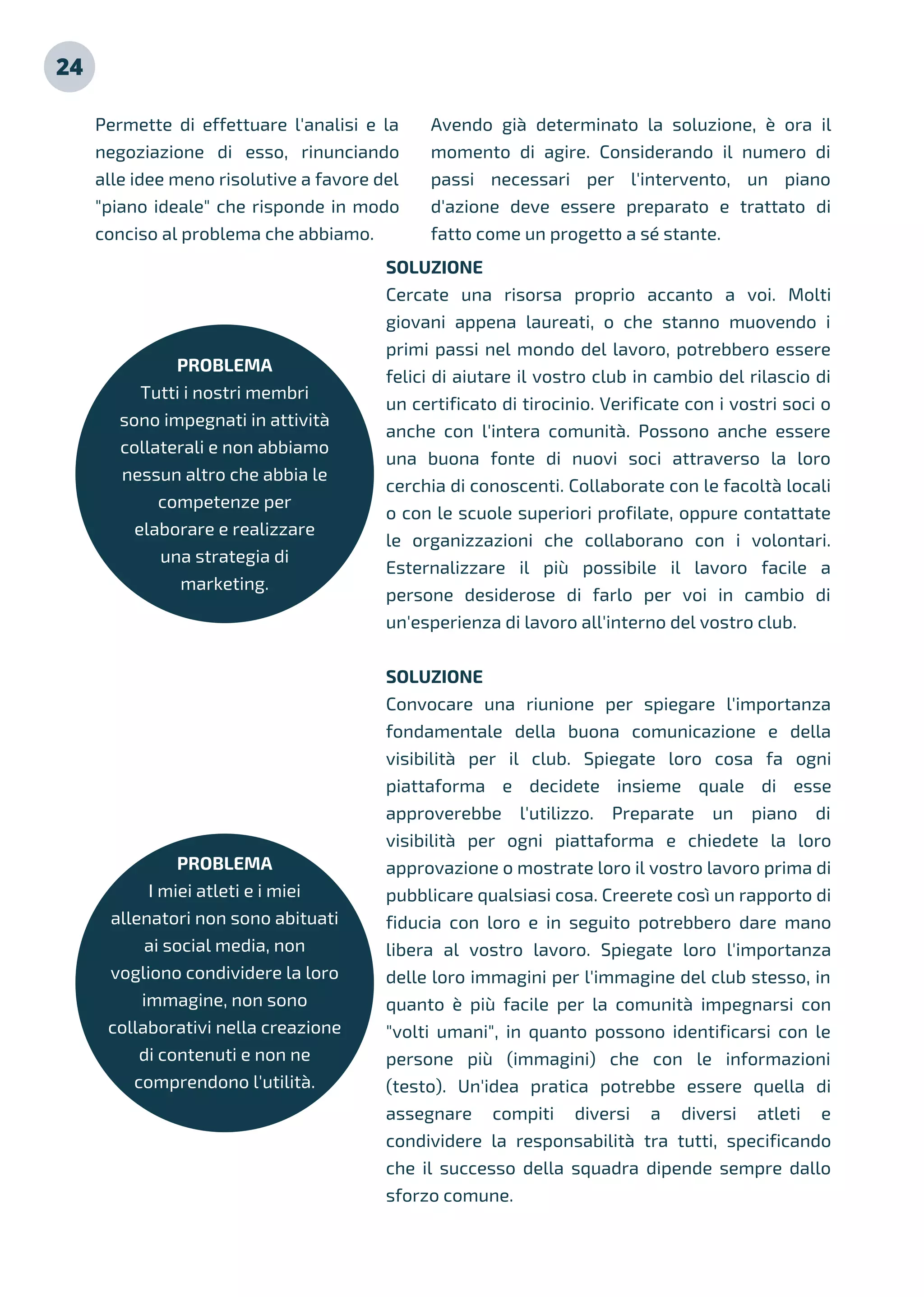24
SOLUZIONE
Cercate una risorsa proprio accanto a voi. Molti
giovani appena laureati, o che stanno muovendo i
primi passi nel mondo del lavoro, potrebbero essere
felici di aiutare il vostro club in cambio del rilascio di
un certificato di tirocinio. Verificate con i vostri soci o
anche con l'intera comunità. Possono anche essere
una buona fonte di nuovi soci attraverso la loro
cerchia di conoscenti. Collaborate con le facoltà locali
o con le scuole superiori profilate, oppure contattate
le organizzazioni che collaborano con i volontari.
Esternalizzare il più possibile il lavoro facile a
persone desiderose di farlo per voi in cambio di
un'esperienza di lavoro all'interno del vostro club.
SOLUZIONE
Convocare una riunione per spiegare l'importanza
fondamentale della buona comunicazione e della
visibilità per il club. Spiegate loro cosa fa ogni
piattaforma e decidete insieme quale di esse
approverebbe l'utilizzo. Preparate un piano di
visibilità per ogni piattaforma e chiedete la loro
approvazione o mostrate loro il vostro lavoro prima di
pubblicare qualsiasi cosa. Creerete così un rapporto di
fiducia con loro e in seguito potrebbero dare mano
libera al vostro lavoro. Spiegate loro l'importanza
delle loro immagini per l'immagine del club stesso, in
quanto è più facile per la comunità impegnarsi con
"volti umani", in quanto possono identificarsi con le
persone più (immagini) che con le informazioni
(testo). Un'idea pratica potrebbe essere quella di
assegnare compiti diversi a diversi atleti e
condividere la responsabilità tra tutti, specificando
che il successo della squadra dipende sempre dallo
sforzo comune.
Permette di effettuare l'analisi e la
negoziazione di esso, rinunciando
alle idee meno risolutive a favore del
"piano ideale" che risponde in modo
conciso al problema che abbiamo.
PROBLEMA
Tutti i nostri membri
sono impegnati in attività
collaterali e non abbiamo
nessun altro che abbia le
competenze per
elaborare e realizzare
una strategia di
marketing.
Avendo già determinato la soluzione, è ora il
momento di agire. Considerando il numero di
passi necessari per l'intervento, un piano
d'azione deve essere preparato e trattato di
fatto come un progetto a sé stante.
PROBLEMA
I miei atleti e i miei
allenatori non sono abituati
ai social media, non
vogliono condividere la loro
immagine, non sono
collaborativi nella creazione
di contenuti e non ne
comprendono l'utilità.
 
