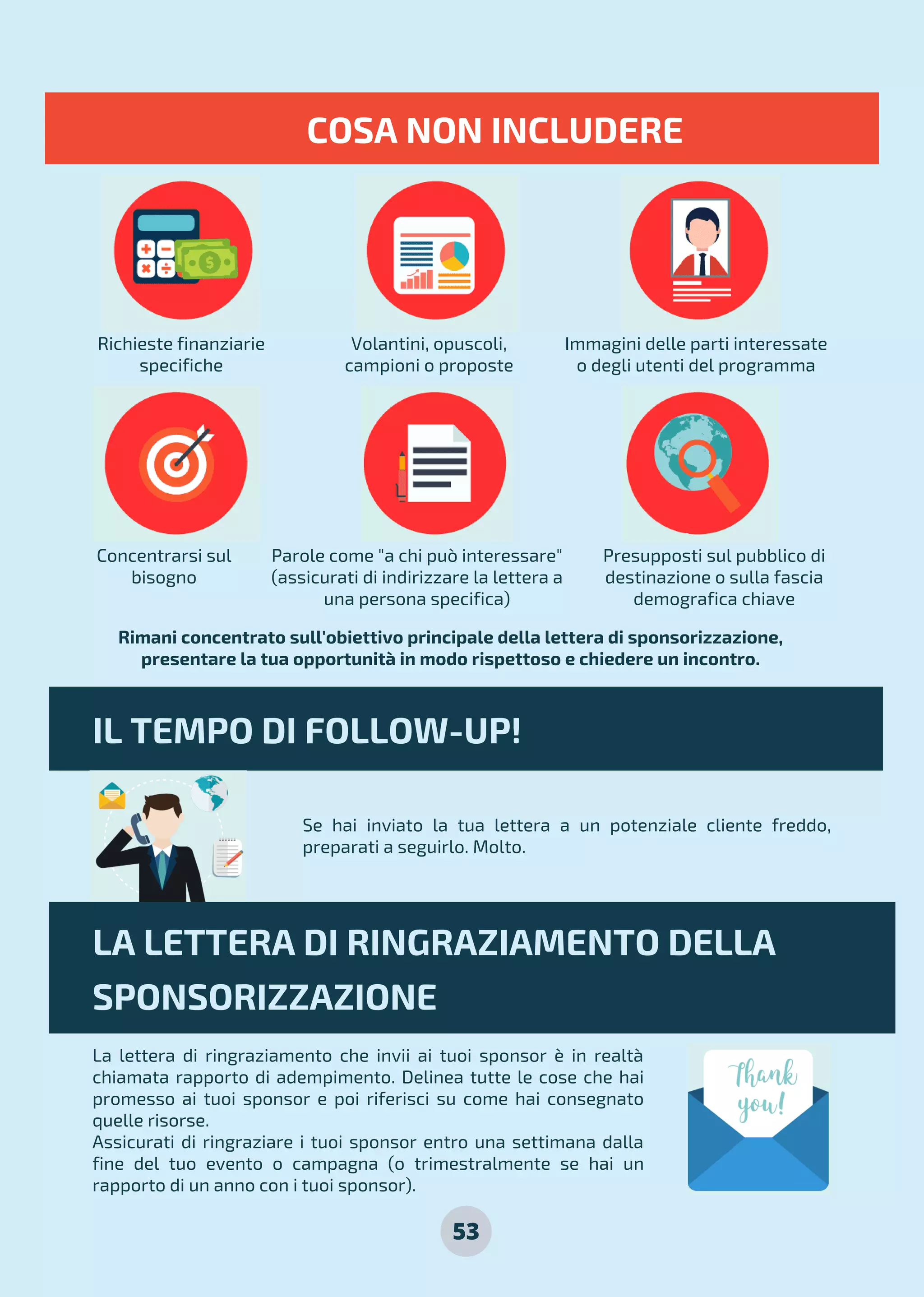 53
Richieste finanziarie
specifiche
Concentrarsi sul
bisogno
Volantini, opuscoli,
campioni o proposte
Parole come "a chi può interessare"
(assicurati di indirizzare la lettera a
una persona specifica)
Immagini delle parti interessate
o degli utenti del programma
Presupposti sul pubblico di
destinazione o sulla fascia
demografica chiave
Rimani concentrato sull'obiettivo principale della lettera di sponsorizzazione,
presentare la tua opportunità in modo rispettoso e chiedere un incontro.
Se hai inviato la tua lettera a un potenziale cliente freddo,
preparati a seguirlo. Molto.
COSA NON INCLUDERE
IL TEMPO DI FOLLOW-UP!
LA LETTERA DI RINGRAZIAMENTO DELLA
SPONSORIZZAZIONE
La lettera di ringraziamento che invii ai tuoi sponsor è in realtà
chiamata rapporto di adempimento. Delinea tutte le cose che hai
promesso ai tuoi sponsor e poi riferisci su come hai consegnato
quelle risorse.
Assicurati di ringraziare i tuoi sponsor entro una settimana dalla
fine del tuo evento o campagna (o trimestralmente se hai un
rapporto di un anno con i tuoi sponsor).
 