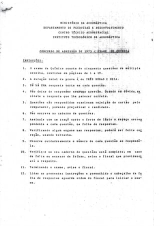 Prova de Química do Vestibular do ITA de 1972/1973 (Original em Branco sem Questões 48 a 50)
