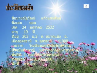 ประวัติของฉัน ชื่อนายณัฐวัฒน์  แก้วแสนสินธุ์ ชื่อเล่น  บอล เกิด  24  มกราคม  2532 อายุ  19  ปี ที่อยู่  203   ม .3  ต .   หมากแข้ง  อ .   เมืองอุดรธานี  จ .   อุดรธานี  41000 จบจาก  โรงเรียนอุดรพิชัยรักษ์พิทยา ปัจจุบันศึกษาที่  มหาวิทยาลัยมหาสารคาม  ชั้นปีที่  1  คณะวิศวกรรมศาสตร์  รหัสนิสิต  51010311088 พักที่  การเวก  