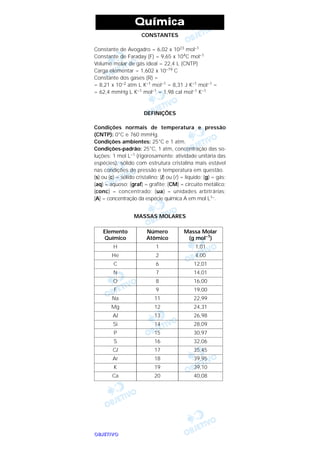 OOOOBBBBJJJJEEEETTTTIIIIVVVVOOOO
CONSTANTES
Constante de Avogadro = 6,02 x 1023 mol–1
Constante de Faraday (F) = 9,65 x 104C mol–1
Volume molar de gás ideal = 22,4 L (CNTP)
Carga elementar = 1,602 x 10–19 C
Constante dos gases (R) =
= 8,21 x 10–2 atm L K–1 moI–1 = 8,31 J K–1 moI–1 =
= 62,4 mmHg L K–1 mol–1 = 1,98 cal mol–1 K–1
DEFINIÇÕES
Condições normais de temperatura e pressão
(CNTP): 0°C e 760 mmHg.
Condições ambientes: 25°C e 1 atm.
Condições-padrão: 25°C, 1 atm, concentração das so-
luções: 1 mol L–1 (rigorosamente: atividade unitária das
espécies), sólido com estrutura cristalina mais estável
nas condições de pressão e temperatura em questão.
(s) ou (c) = sólido cristalino; (l) ou (l) = líquido; (g) = gás;
(aq) = aquoso; (graf) = grafite; (CM) = circuito metálico;
(conc) = concentrado; (ua) = unidades arbitrárias;
[A] = concentração da espécie química A em mol L1–.
MASSAS MOLARES
Massa Molar
(g mol–1
)
1,01
4,00
12,01
14,01
16,00
19,00
22,99
24,31
26,98
28,09
30,97
32,06
35,45
39,95
39,10
40,08
Número
Atômico
1
2
6
7
8
9
11
12
13
14
15
16
17
18
19
20
Elemento
Químico
H
He
C
N
O
F
Na
Mg
Al
Si
P
S
Cl
Ar
K
Ca
Química
 