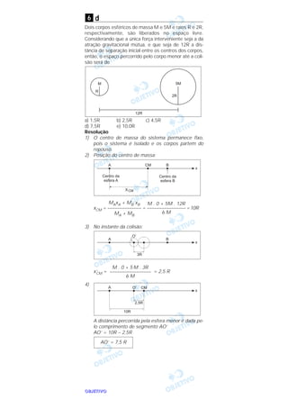 OOOOBBBBJJJJEEEETTTTIIIIVVVVOOOO
d
Dois corpos esféricos de massa M e 5M e raios R e 2R,
respectivamente, são liberados no espaço livre.
Considerando que a única força interveniente seja a da
atração gravitacional mútua, e que seja de 12R a dis-
tância de separação inicial entre os centros dos corpos,
então, o espaço percorrido pelo corpo menor até a coli-
são será de
a) 1,5R b) 2,5R c) 4,5R
d) 7,5R e) 10,0R
Resolução
1) O centro de massa do sistema permanece fixo,
pois o sistema é isolado e os corpos partem do
repouso.
2) Posição do centro de massa:
xCM = = =10R
3) No instante da colisão:
x’CM = = 2,5 R
4)
A distância percorrida pela esfera menor é dada pe-
lo comprimento de segmento AO’
AO’ = 10R – 2,5R
AO’ = 7,5 R
M . 0 + 5 M . 3R
–––––––––––––––––
6 M
M . 0 + 5M . 12R
––––––––––––––––
6 M
MAxA + MB xB
––––––––––––––
MA + MB
6
 