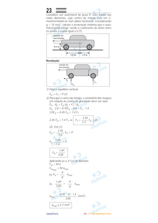 OOOOBBBBJJJJEEEETTTTIIIIVVVVOOOO
23Considere um automóvel de peso P, com tração nas
rodas dianteiras, cujo centro de massa está em C,
movimentando-se num plano horizontal. Considerando
g = 10 m/s2, calcule a aceleração máxima que o auto-
móvel pode atingir, sendo o coeficiente de atrito entre
os pneus e o piso igual a 0,75.
Resolução
1) Para o equilíbrio vertical:
FD + FT = P (1)
2) Para que o carro não tombe, o somatório dos torques
em relação ao centro de gravidade deve ser nulo:
FD . dD + Fat dA = FT . dT
FD . 2,0 + 0,75FD . 0,6 = FT . 1,4
2,0FD + 0,45 FD = 1,4 FT
2,45 FD = 1,4 FT ⇒ (2)
(2) Em (1):
FD + FD = P
FD = P
Aplicando-se a 2ª Lei de Newton:
Fat = M a
Fatmáx
= M amáx
µE FD = . amax
µE . = . amáx
amáx = (m/s2)
amáx ≅ 2,7 m/s2
0,75 . 10 . 1,4
–––––––––––––
3,85
P
–––
g
1,4P
–––––
3,85
P
–––
g
1,4P
FD = –––––
3,85
3,85
––––––
1,4
2,45
––––––
1,4
2,45
FT = ––––– FD
1,4
IIIITTTTAAAA ---- ((((1111ºººº DDDDiiiiaaaa)))) DDDDeeeezzzzeeeemmmmbbbbrrrroooo////2222000000005555
 