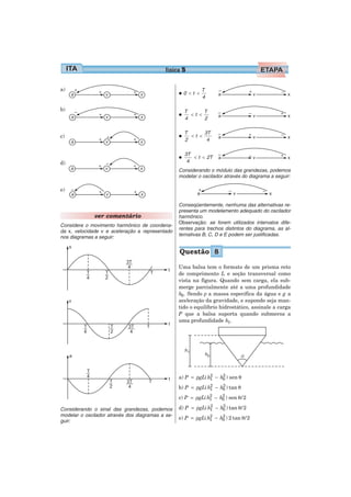 física 5

a)                                                            T
                                                  •0   <t <
                                                              4

b)                                                    T      T
                                                  •   4
                                                        <t <
                                                             2

                                                      T      3T
c)                                                •   2
                                                        <t <
                                                              4

                                                      3T
                                                  •    4
                                                         < t < 2T
d)
                                                  Considerando o módulo das grandezas, podemos
                                                  modelar o oscilador através do diagrama a seguir:

e)

                                                  Conseqüentemente, nenhuma das alternativas re-
                                                  presenta um modelamento adequado do oscilador
              ver comentário                      harmônico.
                                                  Observação: se forem utilizados intervalos dife-
Considere o movimento harmônico de coordena-
                                                  rentes para trechos distintos do diagrama, as al-
da x, velocidade v e aceleração a representado
nos diagramas a seguir:                           ternativas B, C, D e E podem ser justificadas.


                                                  Questão 8

                                                  Uma balsa tem o formato de um prisma reto
                                                  de comprimento L e seção transversal como
                                                  vista na figura. Quando sem carga, ela sub-
                                                  merge parcialmente até a uma profundidade
                                                  h0 . Sendo ρ a massa específica da água e g a
                                                  aceleração da gravidade, e supondo seja man-
                                                  tido o equilíbrio hidrostático, assinale a carga
                                                  P que a balsa suporta quando submersa a
                                                  uma profundidade h1 .




                                                               2    2
                                                  a) P = ρgL( h1 − h0 ) sen θ
                                                               2    2
                                                  b) P = ρgL( h1 − h0 ) tan θ
                                                               2    2
                                                  c) P = ρgL( h1 − h0 ) sen θ / 2
                                                               2    2
Considerando o sinal das grandezas, podemos       d) P = ρgL( h1 − h0 ) tan θ / 2
modelar o oscilador através dos diagramas a se-                2    2
                                                  e) P = ρgL( h1 − h0 ) 2 tan θ / 2
guir:
 