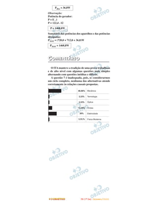 Observação:
Potência do gerador:
P = E . i
P = 122,4 . 12
Somatório das potências dos aparelhos e das potências
dissipadas:
PTOT = (720,0 + 712,8 + 36,0)W
CCOOMMEENNTTÁÁRRIIOO
O ITA manteve a tradição de uma prova trabalhosa
e de alto nível com algumas questões mais simples
alternando com questões inéditas e difíceis.
A questão 7 é inadequada, pois, se considerarmos
um ciclo completo, nenhuma das alternativas atende
corretamente às relações causais propostas.
PTOT = 1468,8W
P = 1468,8W
Pdiss = 36,0W
IITTAA ((11ºº DDIIAA)) -- DDEEZZEEMMBBRROO//22000088
 