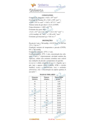 IITTAA ((44ºº DDIIAA)) -- DDEEZZEEMMBBRROO//22000088
QQUUÍÍMMIICCAA
CONSTANTES
Constante de Avogadro = 6,02 x 1023 mol–1
Constante de Faraday (F) = 9,65 x 104C mol–1 =
= 9,65 x 104 A s mol−1 = 9,65 x 104 J V−1 mol−1
Volume molar de gás ideal = 22,4 L (CNTP)
Carga elementar = 1,602 x 10–19 C
Constante dos gases (R) =
= 8,21 x 10–2 atm L K–1 mol–1 = 8,31 J K–1 mol–1 =
= 62,4 mmHg L K–1 mol–1 = 1,98 cal K–1 mol–1
Constante gravitacional (g) = 9,81 m s–2
DEFINIÇÕES
Pressão de 1 atm = 760 mmHg = 101325 N m−2 = 760 Torr
1 N = 1 kg m s−2
Condições normais de temperatura e pressão (CNTP):
0°C e 760 mmHg.
Condições ambientes: 25°C e 1 atm.
Condições-padrão: 25°C, 1 atm, concentração das solu-
ções: 1 mol L–1 (rigorosamente: atividade unitária das
espécies), sólido com estrutura cristalina mais estável
nas condições de pressão e temperatura em questão.
(s) ou (c) = sólido cristalino; (l) ou (l) = líquido; (g) =
gás; (aq) = aquoso; (graf) = grafite; (CM) = circuito
metálico; (conc) = concentrado; (ua) = unidades
arbitrárias; [A] = concentração da espécie química A
em mol L–1.
MASSAS MOLARES
Massa Molar
(g mol–1
)
1,01
4,00
6,94
12,01
14,01
16,00
20,18
22,99
24,31
26,98
28,09
32,07
35,45
39,95
Número
Atômico
1
2
3
6
7
8
10
11
12
13
14
16
17
18
Elemento
Químico
H
He
Li
C
N
O
Ne
Na
Mg
Al
Si
S
Cl
Ar
QQUUÍÍMMIICCAA
 