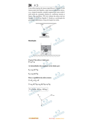 24
Uma esfera maciça de massa específica ρ e volume V está
imersa entre dois líquidos, cujas massas específicas são ρ1
e ρ2, respectivamente, estando suspensa por uma corda e
uma mola de constante elástica k, conforme mostra a
figura. No equilíbrio, 70% do volume da esfera está no
líquido 1 e 30 % no líquido 2. Sendo g a aceleração da
gravidade, determine a força de tração na corda.




Resolução




O peso P da esfera é dado por:
P=ρVg

As intensidades dos empuxos serão dadas por:

E1 = ρ1 0,7 Vg

E2 = ρ2 0,3 Vg

Para o equilíbrio da esfera temos:
T + E1 + E2 = P

T + ρ1 0,7 Vg + ρ2 0,3 Vg = ρ Vg


 T = Vg (ρ – 0,7 ρ1 – 0,3 ρ2)




                                 I TA ( 1 º D i a ) – D E Z E M B R O / 2 0 0 9
 