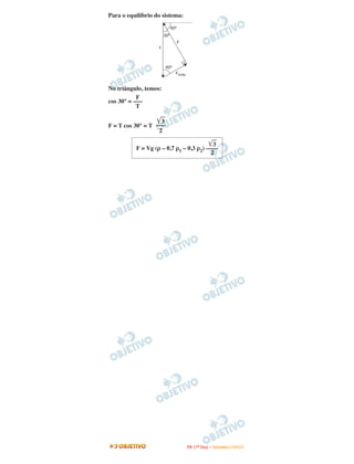 Para o equilíbrio do sistema:




No triângulo, temos:
           F
cos 30° = –––
           T

                    3
F = T cos 30° = T –––
                   2

                                          3
          F = Vg (ρ – 0,7 ρ1 – 0,3 ρ2) ––––
                                         2




                                I TA ( 1 º D i a ) – D E Z E M B R O / 2 0 0 9
 