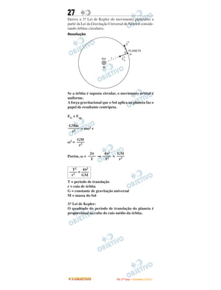 27
Derive a 3.a Lei de Kepler do movimento planetário a
partir da Lei da Gravitação Universal de Newton conside-
rando órbitas circulares.
Resolução

                                           ®
                                           V

                                               PLANETA
                                                m
                            r         ®
                      Sol             FG

                       M




Se a órbita é suposta circular, o movimento orbital é
uniforme.
A força gravitacional que o Sol aplica no planeta faz o
papel de resultante centrípeta.

FG = Fcp

GMm
–––––– = mω2 r
  r2

     GM
ω2 = ––––
      r3

            2π     4π2   GM
Porém, ω = –––– ⇒ –––– = ––––
                     2
            T      T      r3

   T2    4π2
 –––– = ––––
  r3    GM
T = período de translação
r = raio de órbita
G = constante de gravitação universal
M = massa do Sol

3.a Lei de Kepler:
O quadrado do período de translação do planeta é
proporcional ao cubo do raio médio da órbita.




                                I TA ( 1 º D i a ) – D E Z E M B R O / 2 0 0 9
 