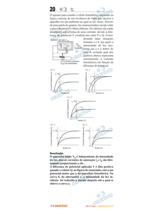 20 CC
O aparato para estudar o efeito fotoelétrico mostrado na
figura consiste de um invólucro de vidro que encerra o
aparelho em um ambiente no qual se faz vácuo. Através
de uma janela de quartzo, luz monocromática incide sobre
a placa de metal P e libera elétrons. Os elétrons são então
detectados sob a forma de uma corrente, devido à dife-
rença de potencial V estabelecida entre P e Q. Consi-
derando duas situações
distintas a e b, nas quais a
intensidade da luz inci-
dente em a é o dobro do
caso b, assinale qual dos
gráficos abaixo representa
corretamente a corrente
fotoelétrica em função da
diferença de potencial.
Resolução
O potencial limite V0 é independente da intensidade
da luz, mas as correntes de saturação ia e ib são dire-
tamente proporcionais a ela.
A diferença de potencial aplicada V é dita positiva
quando o coletor Q, na figura do enunciado, está a um
potencial maior que o da superfície fotoelétrica. Na
curva b, da alternativa c, a intensidade da luz in-
cidente foi reduzida à metade daquela sob a qual se
obteve a curva a.
IITTAA ((11ºº DDIIAA )) –– DDEEZZEEMMBBRROO//22001100
 