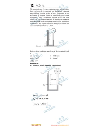 12 EE
No interior de um elevador encontra-se um tubo de vidro
fino, em forma de U, contendo um líquido sob vácuo na
extremidade vedada, sendo a outra conectada a um
recipiente de volume V com ar mantido à temperatura
constante. Com o elevador em repouso, verifica-se uma
altura h de 10 cm entre os níveis do líquido em ambos os
braços do tubo. Com o elevador subindo com aceleração
constante →
a (ver figura), os níveis do líquido sofrem um
deslocamento de altura de 1,0 cm.
Pode-se dizer então que a aceleração do elevador é igual
a
a) – 1,1 m/s2. b) – 0,91 m/s2.
c) 0,91 m/s2. d) 1,1 m/s2.
e) 2,5 m/s2.
Resolução
(I) Situação inicial (elevador em repouso):
p2 = p1 ⇒ par = ␳ g h
par = ␳ . 10 . 0,10 (SI)
par = ␳ . 1,0 (SI)
IITTAA ((11..OO
DD IIAA )) —— DDEEZZEEMMBBRROO//22001111
 