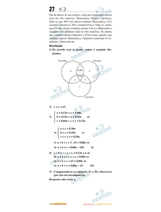 27
Dos n alunos de um colégio, cada um estuda pelo menos
uma das três materias: Matemática, Física e Química.
Sabe-se que 48% dos alunos estudam Matemática, 32%
estudam Química e 36% estudam Física. Sabe-se, ainda,
que 8% dos alunos estudam apenas Física e Matemática,
enquanto 4% estudam todas as três matérias. Os alunos
que estudam apenas Química e Física mais aqueles que
estudam apenas Matemática e Química totalizam 63 es-
tudantes. Determine n.
Resolução
1) De acordo com os dados, temos o seguinte dia-
grama:
2) x + y = 63
3) ⇔
⇔ ⇒
⇒ a + b + c + 2 . 63 = 0,88n ⇔
⇔ a + b + c = 0,88n – 126 (I)
4) a + b + c + x + y + 0,12n = n ⇔
⇔ a + b + c + x + y = 0,88n ⇔
⇔ a + b + c + 63 = 0,88n ⇔
⇔ a + b + c = 0,88n – 63 (II)
5) Comparando-se as equações (I) e (II), observa-se
que elas são incompatíveis.
Resposta: não existe n
Ά
a + 0,12n + y = 0,48n
b + 0,12n + x = 0,36n
c + 0,04n + x + y = 0,32n
Ά
a + y = 0,36n
b + x = 0,24n
c + x + y = 0,28n
IITTAA ((33..OO
DD IIAA )) —— DDEEZZEEMMBBRROO//22001111
 