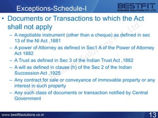 Exceptions-Schedule-I
• Documents or Transactions to which the Act
shall not apply
– A negotiable instrument (other than a cheque) as defined in sec
13 of the NI Act ,1881
– A power of Attorney as defined in Sec1 A of the Power of Attorney
Act 1882
– A Trust as defined in Sec 3 of the Indian Trust Act ,1882
– A will as defined in clause (h) of the Sec 2 of the Indian
Succession Act ,1925
– Any contract for sale or conveyance of immovable property or any
interest in such property
– Any such class of documents or transaction notified by Central
Government
13
 