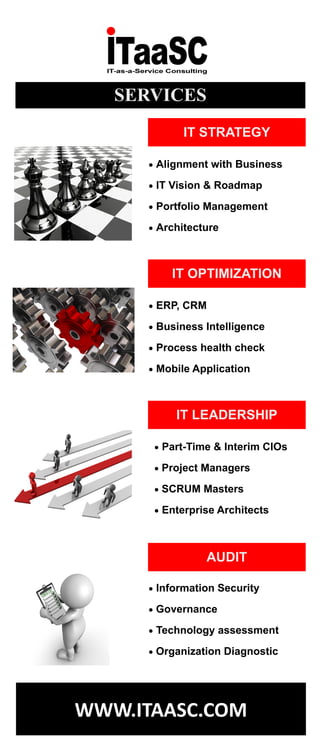  Alignment with Business
 IT Vision & Roadmap
 Portfolio Management
 Architecture
 ERP, CRM
 Business Intelligence
 Process health check
 Mobile Application
WWW.ITAASC.COM
 Part-Time & Interim CIOs
 Project Managers
 SCRUM Masters
 Enterprise Architects
 Information Security
 Governance
 Technology assessment
 Organization Diagnostic
IT STRATEGY
IT OPTIMIZATION
IT LEADERSHIP
AUDIT
SERVICES
 