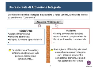 Un	
  caso	
  reale	
  di	
  A"vazione	
  Integrata	
  

Cliente	
  con	
  l’obie-vo	
  strategico	
  di	
  sviluppare	
  la	
  Forza	
  Vendita,	
  cambiando	
  il	
  ruolo	
  
da	
  Venditore	
  a	
  “Consulente”	
  
                                               Approccio	
  “tradizionale”	
  


                CONSULTING	
                                                                 TRAINING	
  
• Disegno	
  Organizza?vo	
                                             • Training	
  di	
  Vendita	
  su	
  sviluppo	
  
• Revisione	
  dei	
  Processi	
                                        mo?vazionale	
  e	
  comportamentale	
  
• Sviluppo	
  Strumen?	
  opera?vi	
  di	
  FV	
                        • Tecniche	
  di	
  vendita	
  consulenziale	
  
• …	
                                                                   • …	
  


      Se	
  ci	
  si	
  ferma	
  al	
  Consul0ng:	
                      Se	
  ci	
  si	
  ferma	
  al	
  Training:	
  rischio	
  di	
  
      diﬃcoltà	
  di	
  a-vazione	
  sulle	
                              un	
  cambiamento	
  non	
  integrato	
  
            persone,	
  resistenza	
  al	
                                      con	
  i	
  processi,	
  strumen?	
  e	
  
                   cambiamento,	
  ..	
                                    competenze	
  tecniche,	
  e	
  quindi	
  
                                                                                 non	
  sostenibile	
  nel	
  tempo	
  
                                                                3	
  
 