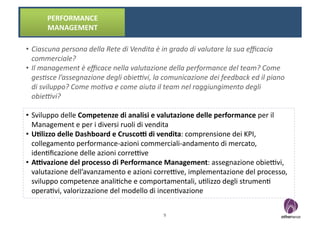PERFORMANCE	
  
          MANAGEMENT	
  

•  Ciascuna	
  persona	
  della	
  Rete	
  di	
  Vendita	
  è	
  in	
  grado	
  di	
  valutare	
  la	
  sua	
  eﬃcacia	
  
   commerciale?	
  	
  
•  Il	
  management	
  è	
  eﬃcace	
  nella	
  valutazione	
  della	
  performance	
  del	
  team?	
  Come	
  
   ges0sce	
  l’assegnazione	
  degli	
  obie;vi,	
  la	
  comunicazione	
  dei	
  feedback	
  ed	
  il	
  piano	
  
   di	
  sviluppo?	
  Come	
  mo0va	
  e	
  come	
  aiuta	
  il	
  team	
  nel	
  raggiungimento	
  degli	
  
   obie;vi?	
  

•  Sviluppo	
  delle	
  Competenze	
  di	
  analisi	
  e	
  valutazione	
  delle	
  performance	
  per	
  il	
  
   Management	
  e	
  per	
  i	
  diversi	
  ruoli	
  di	
  vendita	
  
•  U8lizzo	
  delle	
  Dashboard	
  e	
  Crusco"	
  di	
  vendita:	
  comprensione	
  dei	
  KPI,	
  
   collegamento	
  performance-­‐azioni	
  commerciali-­‐andamento	
  di	
  mercato,	
  
   iden?ﬁcazione	
  delle	
  azioni	
  corre-ve	
  
•  A"vazione	
  del	
  processo	
  di	
  Performance	
  Management:	
  assegnazione	
  obie-vi,	
  
   valutazione	
  dell’avanzamento	
  e	
  azioni	
  corre-ve,	
  implementazione	
  del	
  processo,	
  
   sviluppo	
  competenze	
  anali?che	
  e	
  comportamentali,	
  u?lizzo	
  degli	
  strumen?	
  
   opera?vi,	
  valorizzazione	
  del	
  modello	
  di	
  incen?vazione	
  

                                                                9	
  
 