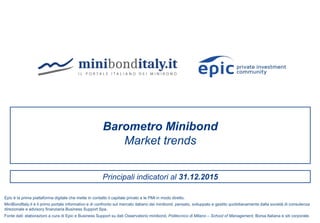 Principali indicatori al 31.12.2015
Barometro Minibond
Market trends
Fonte dati: elaborazioni a cura di Epic e Business Support su dati Osservatorio minibond, Politecnico di Milano – School of Management, Borsa Italiana e siti corporate.
Epic è la prima piattaforma digitale che mette in contatto il capitale privato e le PMI in modo diretto.
MiniBondItaly.it è il primo portale informativo e di confronto sul mercato italiano dei minibond, pensato, sviluppato e gestito quotidianamente dalla società di consulenza
direzionale e advisory finanziaria Business Support Spa.
 