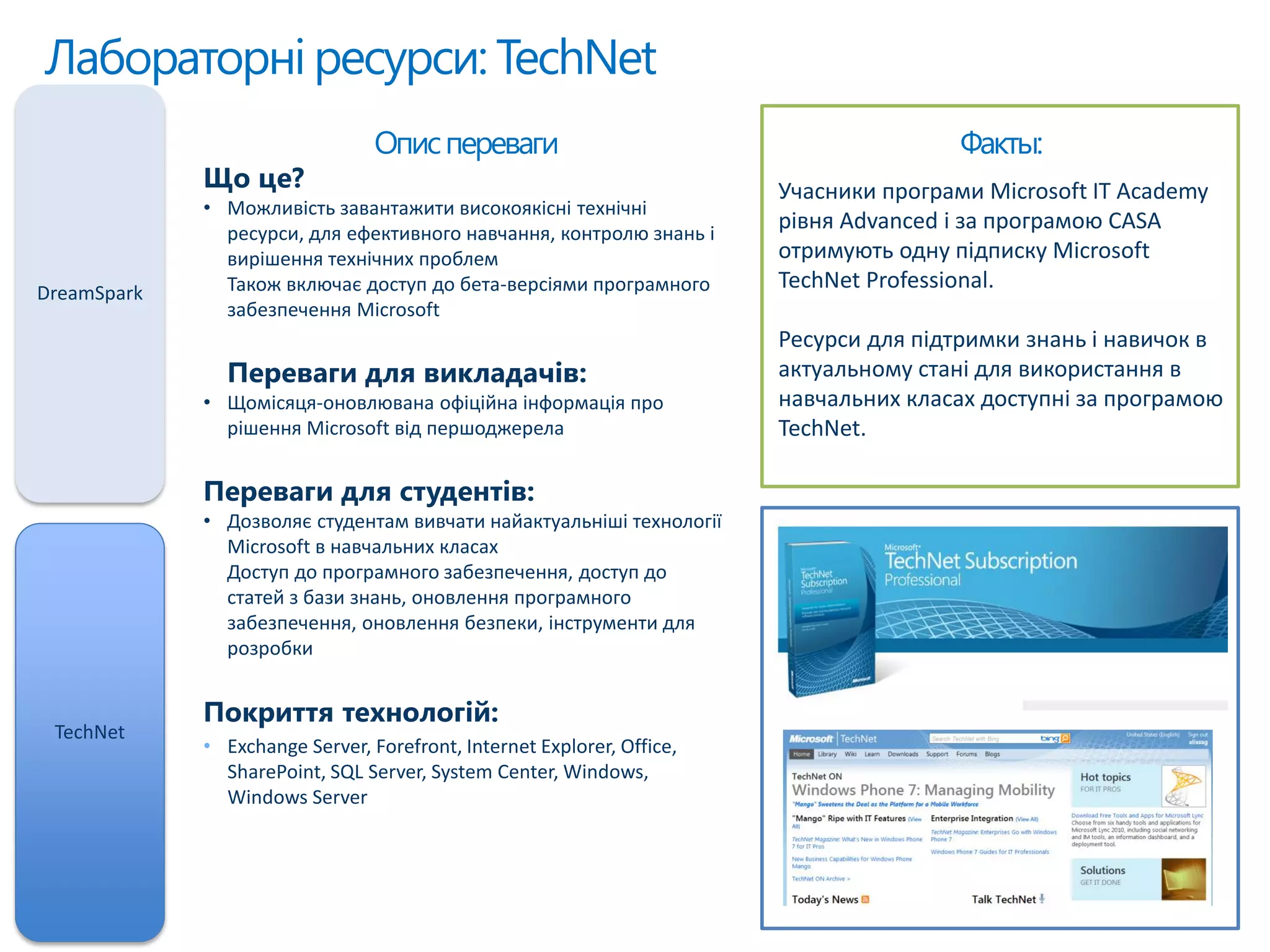 Лабораторні ресурси: TechNet
DreamSpark
TechNet
Факты:Описпереваги
Що це?
• Можливість завантажити високоякісні технічні
ресурси, для ефективного навчання, контролю знань і
вирішення технічних проблем
Також включає доступ до бета-версіями програмного
забезпечення Microsoft
Переваги для викладачів:
• Щомісяця-оновлювана офіційна інформація про
рішення Microsoft від першоджерела
Переваги для студентів:
• Дозволяє студентам вивчати найактуальніші технології
Microsoft в навчальних класах
Доступ до програмного забезпечення, доступ до
статей з бази знань, оновлення програмного
забезпечення, оновлення безпеки, інструменти для
розробки
Покриття технологій:
• Exchange Server, Forefront, Internet Explorer, Office,
SharePoint, SQL Server, System Center, Windows,
Windows Server
Учасники програми Microsoft IT Academy
рівня Advanced і за програмою CASA
отримують одну підписку Microsoft
TechNet Professional.
Ресурси для підтримки знань і навичок в
актуальному стані для використання в
навчальних класах доступні за програмою
TechNet.
 