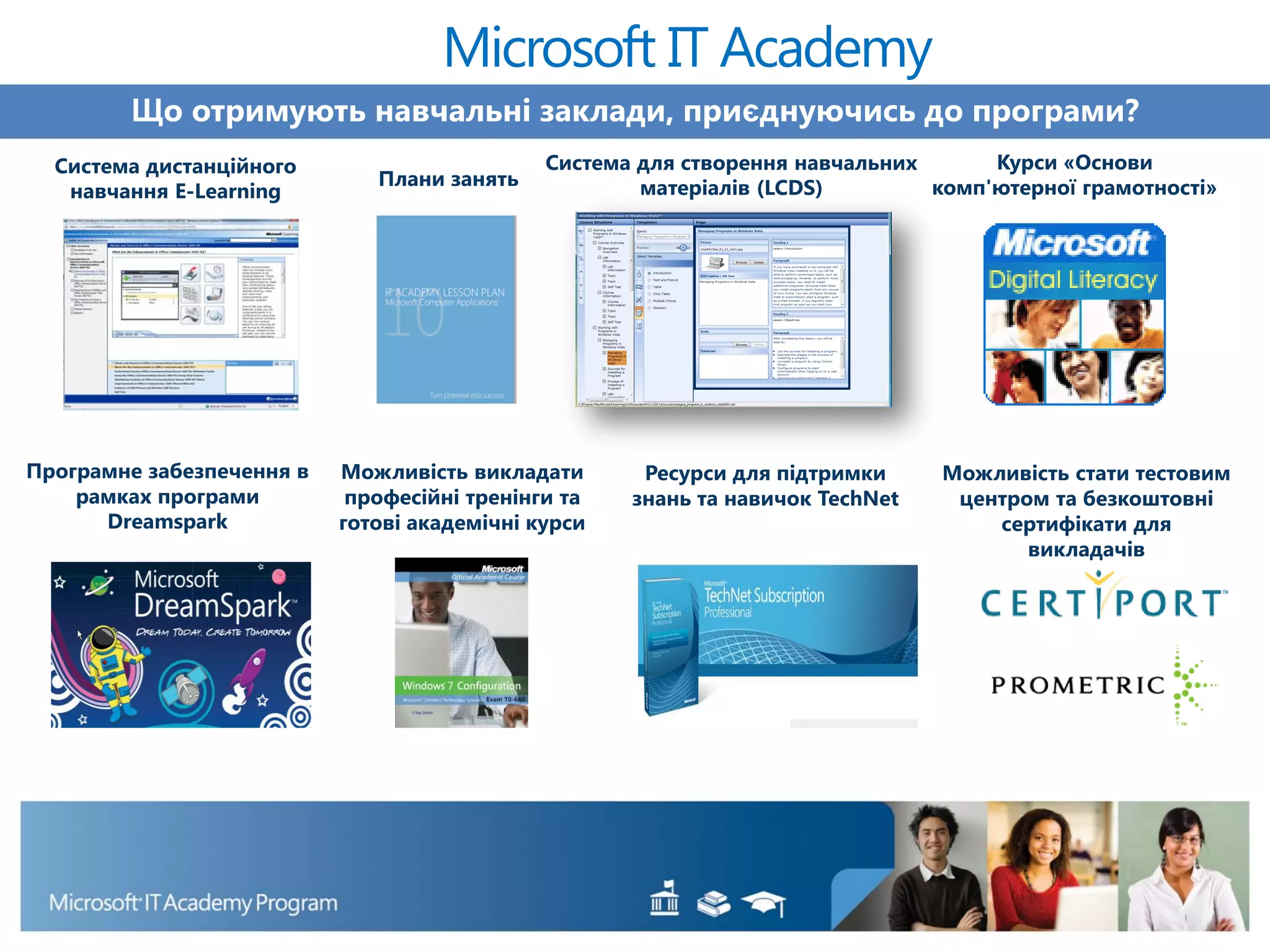 Що отримують навчальні заклади, приєднуючись до програми?
Microsoft IT Academy
Курси «Основи
комп'ютерної грамотності»
Ресурси для підтримки
знань та навичок TechNet
Програмне забезпечення в
рамках програми
Dreamspark
Система дистанційного
навчання E-Learning
Плани занять
Система для створення навчальних
матеріалів (LCDS)
Можливість стати тестовим
центром та безкоштовні
сертифікати для
викладачів
Можливість викладати
професійні тренінги та
готові академічні курси
 