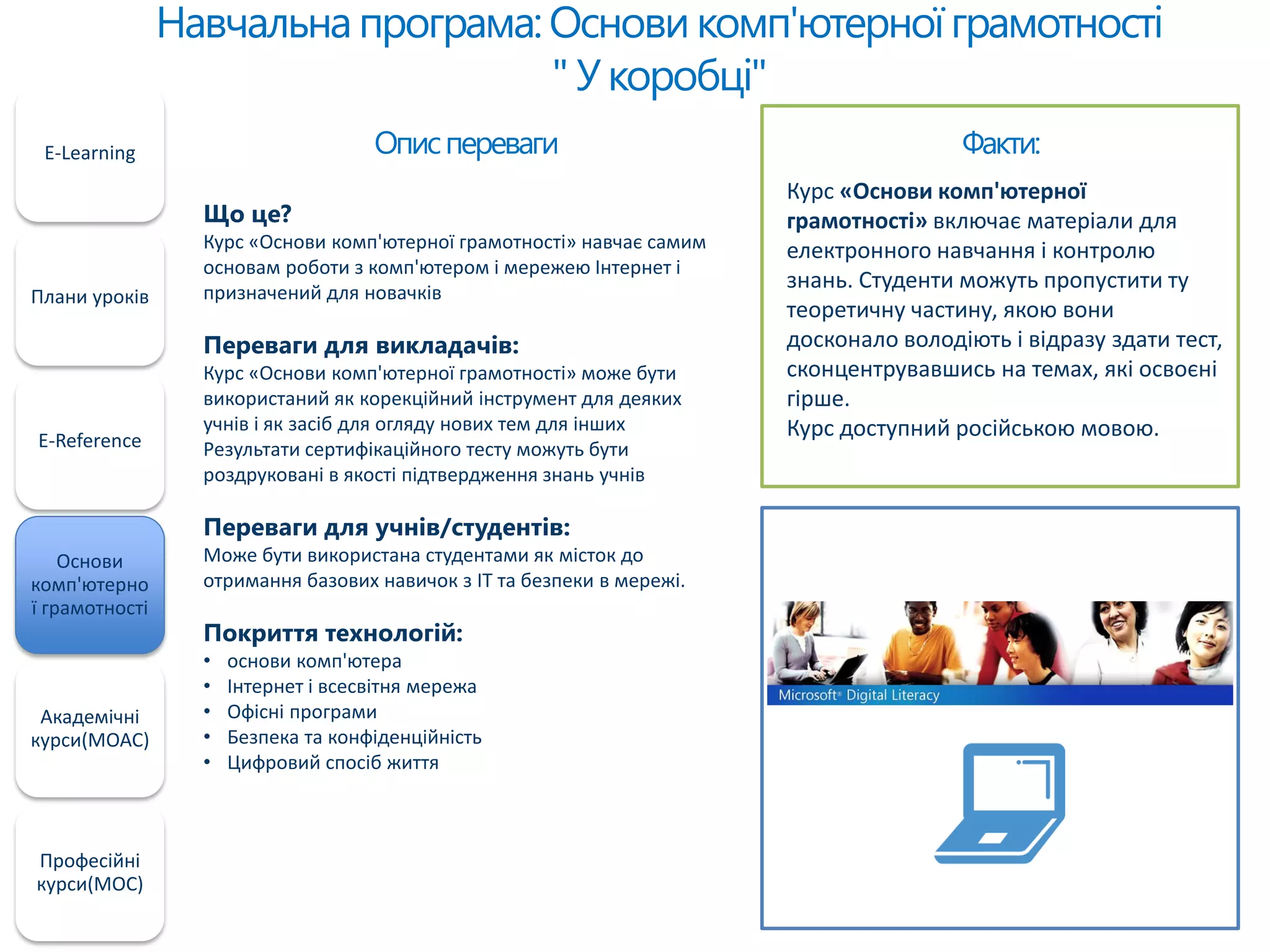 Навчальнапрограма:Основикомп'ютерноїграмотності
" У коробці"
E-Learning
Плани уроків
E-Reference
Основи
комп'ютерно
ї грамотності
Академічні
курси(MOAC)
Професійні
курси(MOC)
Факти:
Курс «Основи комп'ютерної
грамотності» включає матеріали для
електронного навчання і контролю
знань. Студенти можуть пропустити ту
теоретичну частину, якою вони
досконало володіють і відразу здати тест,
сконцентрувавшись на темах, які освоєні
гірше.
Курс доступний російською мовою.
Описпереваги
Що це?
Курс «Основи комп'ютерної грамотності» навчає самим
основам роботи з комп'ютером і мережею Інтернет і
призначений для новачків
Переваги для викладачів:
Курс «Основи комп'ютерної грамотності» може бути
використаний як корекційний інструмент для деяких
учнів і як засіб для огляду нових тем для інших
Результати сертифікаційного тесту можуть бути
роздруковані в якості підтвердження знань учнів
Переваги для учнів/студентів:
Може бути використана студентами як місток до
отримання базових навичок з ІТ та безпеки в мережі.
Покриття технологій:
• основи комп'ютера
• Інтернет і всесвітня мережа
• Офісні програми
• Безпека та конфіденційність
• Цифровий спосіб життя
 