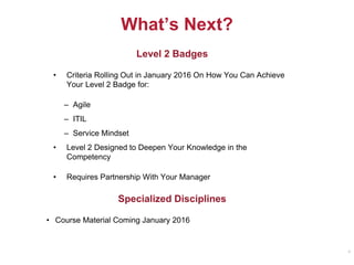What’s Next?
6
Level 2 Badges
• Criteria Rolling Out in January 2016 On How You Can Achieve
Your Level 2 Badge for:
– Agile
– ITIL
– Service Mindset
• Level 2 Designed to Deepen Your Knowledge in the
Competency
• Requires Partnership With Your Manager
Specialized Disciplines
• Course Material Coming January 2016
 