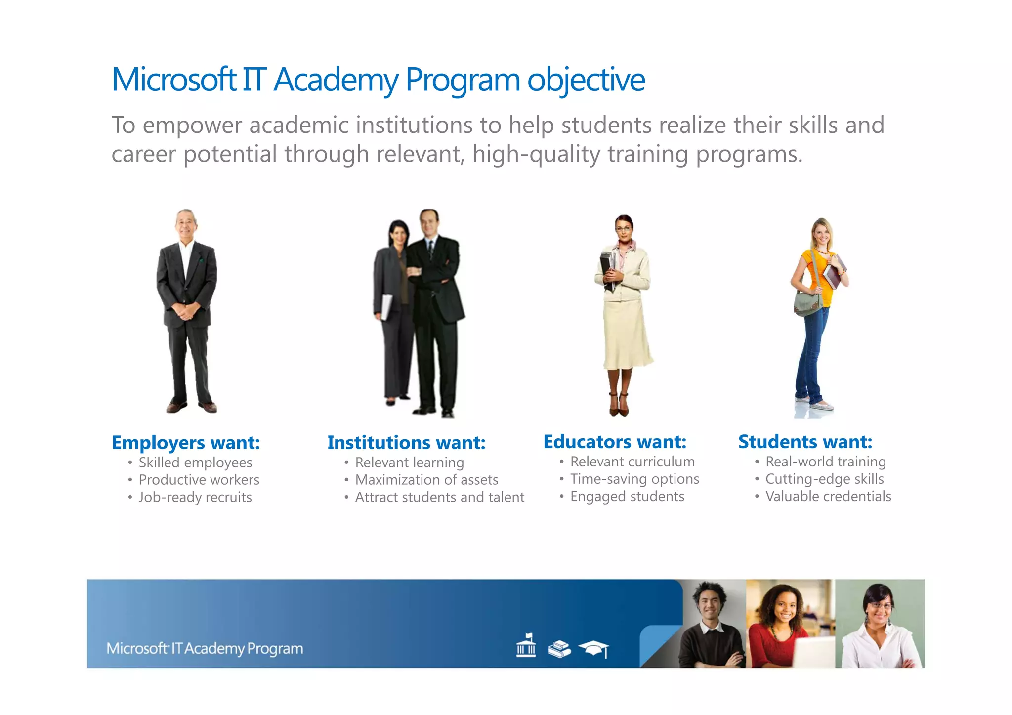 Microsoft IT Academy Program objective
To empower academic institutions to help students realize their skills and
career potential through relevant, high-quality training programs.




Employers want:         Institutions want:               Educators want:          Students want:
 • Skilled employees     • Relevant learning              • Relevant curriculum    • Real-world training
 • Productive workers    • Maximization of assets         • Time-saving options    • Cutting-edge skills
 • Job-ready recruits    • Attract students and talent    • Engaged students       • Valuable credentials
 