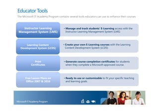 Educator Tools
The Microsoft IT Academy Program contains several tools educators can use to enhance their courses.



   Instructor Learning                • Manage and track students’ E-Learning access with the
Management System (LMS)                 Instructor Learning Management System (LMS)




      Learning Content                • Create your own E-Learning courses with the Learning
  Development System (LCDS)             Content Development System (LCDS)




              Print                   • Generate course completion certificates for students
           Certificates                 when they complete a Microsoft-approved course.




      Free Lesson Plans on            • Ready to use or customizable to fit your specific teaching
       Office 2007 & 2010               and learning goals.
 