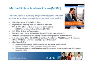 Microsoft Official Academic Course (MOAC)

The MOAC series is especially designed for academic semester
and quarter sessions, and is designed for faculty and students.
o   Publishing partner, John Wiley & Sons
o   Programmatic offerings with rich instructor resources
o   2003 & 2007 Office textbooks aligned to Certifications
     o   2010 Office textbooks to be published in Q1 CY2011
o   2007 Office System for Teachers text
o   ITPro Windows 7, Vista, XP, Windows Server 2003 and 2008 textbooks
o   Additional covered topics include SQL Server, Exchange Server, .Net Framework
o   In development: Office 2010; MTA series, SharePoint Server, WS2008 Security & Enterprise
    Admin., Windows 7 Enterprise Desktop Support Technician
o   MOAC Labs Online
      o Differentiable offering promoting anytime anywhere access to labs
     o   Institutions & instructors are scaling their programs to reach remote students
     o   Microsoft scaling to meet heavy demand from current implementations and increasing
         adoption rates
 