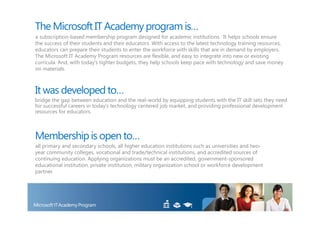 The Microsoft IT Academy program is…
a subscription-based membership program designed for academic institutions. It helps schools ensure
the success of their students and their educators. With access to the latest technology training resources,
educators can prepare their students to enter the workforce with skills that are in demand by employers.
The Microsoft IT Academy Program resources are flexible, and easy to integrate into new or existing
curricula. And, with today’s tighter budgets, they help schools keep pace with technology and save money
on materials.



It was developed to…
bridge the gap between education and the real-world by equipping students with the IT skill sets they need
for successful careers in today’s technology centered job market, and providing professional development
resources for educators.



Membership is open to…
all primary and secondary schools, all higher education institutions such as universities and two-
year community colleges, vocational and trade/technical institutions, and accredited sources of
continuing education. Applying organizations must be an accredited, government-sponsored
educational institution, private institution, military organization school or workforce development
partner.
 