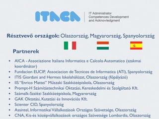 Résztvevő országok: Olaszország, Magyarország, Spanyolország 
Partnerek 
! 
• AICA - Associazione Italiana Informatica e Calcolo Automatico (szakmai 
koordinátor) 
• Fundacion EUCIP, Associacion de Tecnicos de Informatica (ATI), Spanyolország 
• ITIS Giordani and Hermes Iskolahálózat, Olaszország (főpályázó) 
• IIS “Enrico Mattei” Műszaki Szakközépiskola, Olaszország 
• Prompt-H Számítástechnikai Oktatási, Kereskedelmi és Szolgáltató Kft. 
• Számalk-Szalézi Szakközépiskola, Magyarország 
• GAK Oktatási, Kutatási és Innovációs Kft. 
• Scienter CID, Spanyolország 
• Assintel, Informatikai Vállalkozások Országos Szövetsége, Olaszország 
• CNA, Kis-és középvállalkozások országos Szövetsége Lombardia, Olaszország 
 