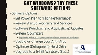 GOT WINDOWS? TRY THESE
HARDWARE OPTIONS
Hardware Options
–RAM Upgrade (4GB MAX on ALL 32bit Windows)
–Hard Drive Upgrade t...