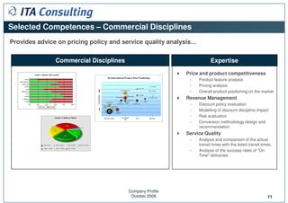 Selected Competences – Commercial Disciplines
Provides advice on pricing policy and service quality analysis…


               Commercial Disciplines                                    Expertise

                                                           Price and product competitiveness
                                                            -     Product feature analysis
                                                            -     Pricing analysis
                                                            -     Overall product positioning on the market
                                                           Revenue Management
                                                            -     Discount policy evaluation
                                                            -     Modelling of discount discipline impact
                                                            -     Risk evaluation
                                                            -     Conversion methodology design and
                                                                  recommendation
                                                           Service Quality
                                                            -     Analysis and comparison of the actual
                                                                  transit times with the listed transit times.
                                                            -     Analysis of the success rates of "On
                                                                  Time" deliveries




                                        Company Profile
                                         October 2008                                                      11
 