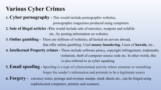 Various Cyber Crimes
1. Cyber pornography - This would include pornographic websites,
pornographic magazines produced using computers.
2. Sale of illegal articles -This would include sale of narcotics, weapons and wildlife
etc., by posting information on websites
3. Online gambling - There are millions of websites; all hosted on servers abroad,
that offer online gambling. Used money laundering, Cases of hawala, etc.,
4. Intellectual Property crimes - These include software piracy, copyright infringement, trademarks
violations, theft of computer source code etc. In other words, this
is also referred to as cyber squatting.
5. Email spoofing - Spoofing is a type of cybercriminal activity where someone or something
forges the sender’s information and pretends to be a legitimate source
6. Forgery - currency notes, postage and revenue stamps, mark sheets etc., can be forged using
sophisticated computers, printers and scanners.
 
