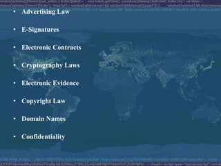 • Advertising Law

• E-Signatures

• Electronic Contracts

• Cryptography Laws

• Electronic Evidence

• Copyright Law

• Domain Names

• Confidentiality
 