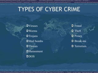 TYPES OF CYBER CRIME

  Viruses        Fraud
  Worms          Theft
  Trojans        Piracy
  Mail bombs     Break-ins
  Threats        Terrorism.
  Harassment
  DOS
 