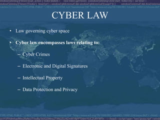 CYBER LAW
• Law governing cyber space

• Cyber law encompasses laws relating to:

   – Cyber Crimes

   – Electronic and Digital Signatures

   – Intellectual Property

   – Data Protection and Privacy
 