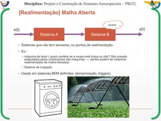 Mission Simulation Lab
HICEE
Mission Simulation Lab
HICEE
[Realimentação] Malha Aberta
▪ Sistemas que não tem sensores, ou pontos de realimentação.
▪ Ex.:
▪ máquina de lavar ( quem confere se a roupa está limpa ou não? São presets
estipulados pelos construtores das máquinas ---- dentro podem ter sistemas
realimentados de malha fechada)
▪ Sistema de irrigação.
▪ Usado em sistemas BEM definidos. (temporização, triggers)
Disciplina: Projeto e Construção de Sistemas Aeroespaciais – PRJ32.
Sistema BSistema A
x(t) y(t)
atuador
 
