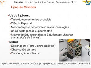 Mission Simulation Lab
HICEE
Mission Simulation Lab
HICEE
Tipos de Missões
▪ Usos típicos:
▪Teste de componentes espaciais
▪Ciência Espacial
▪Motivação para desenvolver novas tecnologias
▪Baixo custo (riscos experimentais)
▪Motivação Educacional para Estudantes (Missões
com endLife de 2 anos)
▪ Extras:
▪Espionagem (Terra / entre satélites)
▪Observação da terra
▪Constelação em Marte
http://ccar.colorado.edu/asen5050/projects/projects_2013/Naik_Siddhesh/Cubesats.html
Disciplina: Projeto e Construção de Sistemas Aeroespaciais – PRJ32.
 